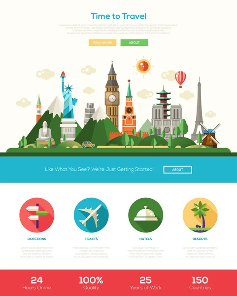 Bannière d'en-tête de site Web de voyage de conception plate avec des éléments de webdesign — Image vectorielle