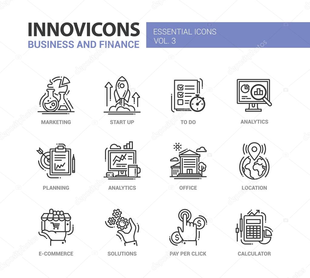 Modern office and business line flat design icons, pictograms set