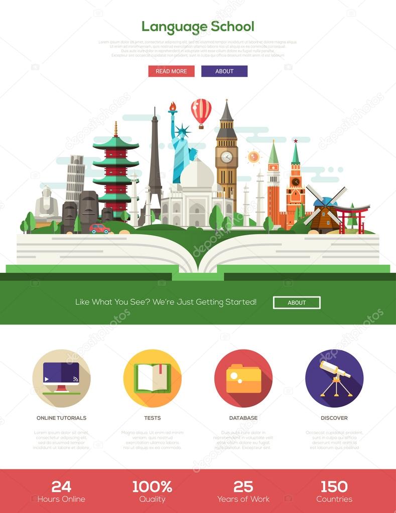 Flat design language school website header banner with webdesign elements