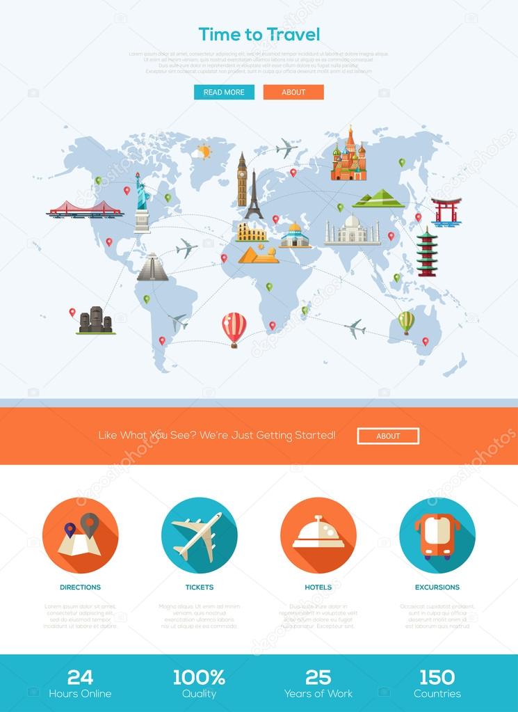 Flat design travel website header banner with webdesign elements