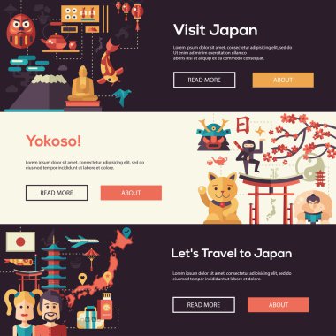 Japonya seyahat afiş işaretleri, ünlü Japon sembolleri ile ayarlayın