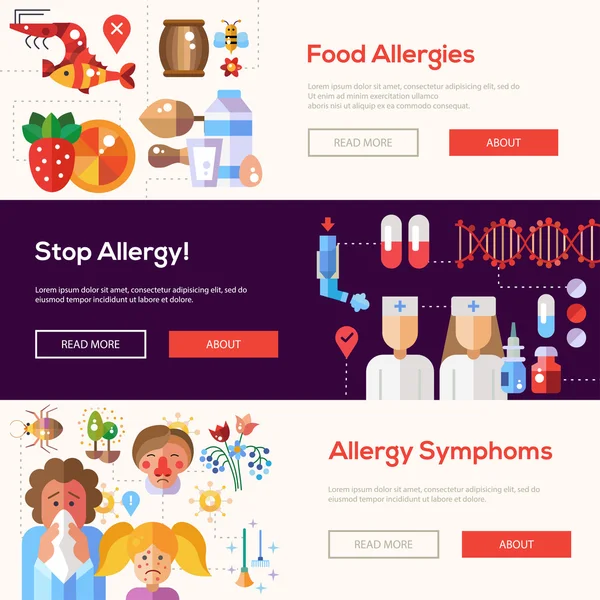 Alergia y alérgenos diseño plano sitio web pancartas conjunto — Archivo Imágenes Vectoriales