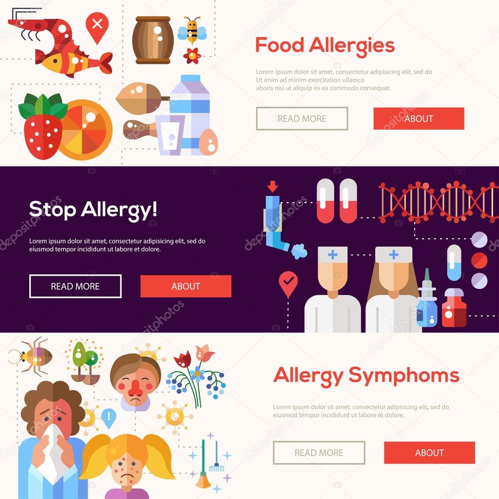 Allergy and allergens flat design website banners set