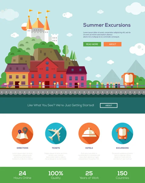 Plantilla de sitio web de vacaciones de verano con encabezado e iconos — Vector de stock