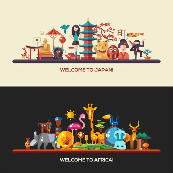 Επίπεδη σχεδίαση Αφρική, Ιαπωνία ταξιδιωτικά πανό Set — Διανυσματικό Αρχείο