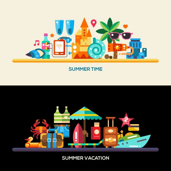 Diseño plano playa viajes banderas de vacaciones conjunto — Vector de stock