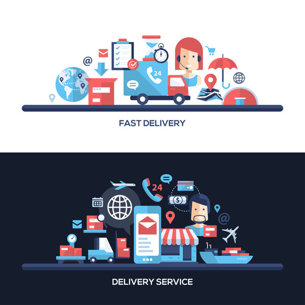 Flat design delivery service website headers banners set
