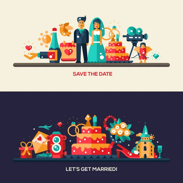 Conjunto de pancartas de boda y matrimonio de diseño plano — Vector de stock