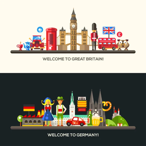 Alemania, Gran Bretaña banderas de viaje con símbolos franceses famosos — Vector de stock