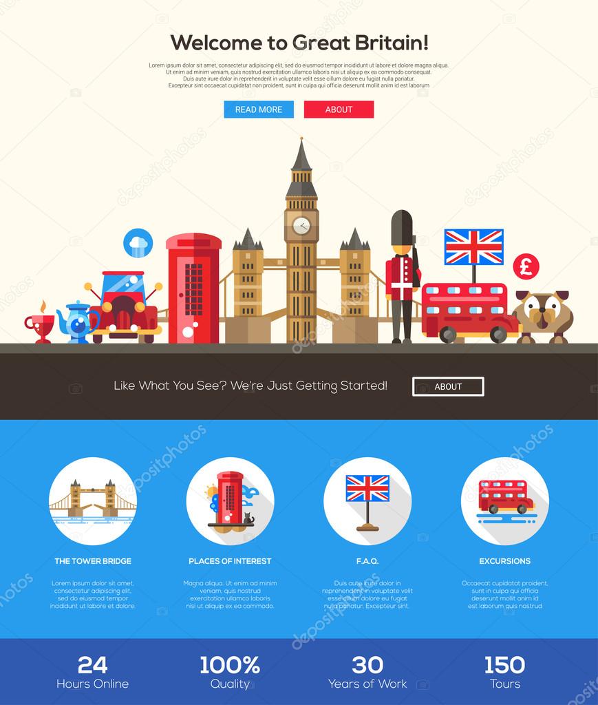 Traveling to Great Britain website header banner with webdesign elements