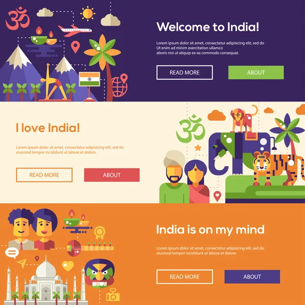 Viajar a la India encabezados del sitio web banners set — Vector de stock