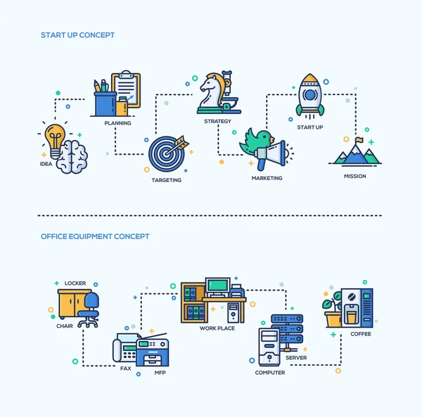 Iniciar, Conjunto de Composições de Conceito de Negócios de Equipamento de Escritório — Vetor de Stock