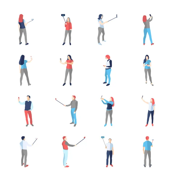 Personas, hombres, mujeres, en fotos de tiro selfies poses — Vector de stock