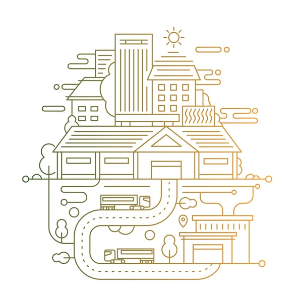 Stadtbild und Stadtleben - Liniendesign-Komposition mit Farbverlauf — Stockvektor