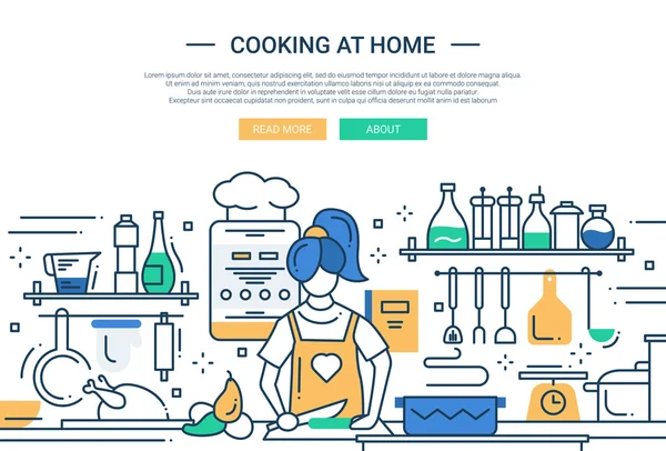 女孩在家-线设计网站横幅做饭 — 图库矢量图片