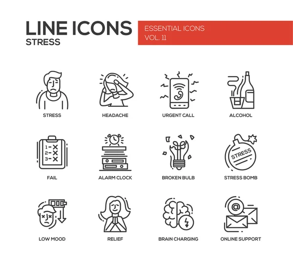 Estrés en el trabajo - conjunto de iconos de diseño de línea — Vector de stock