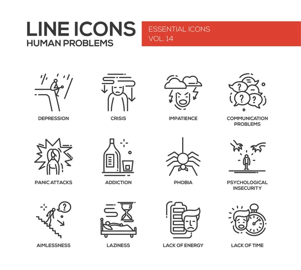 Problemas psicológicos humanos: conjunto de iconos de diseño de línea — Vector de stock