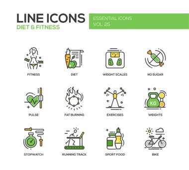 Diyet ve fitness - satırı tasarım Icons set