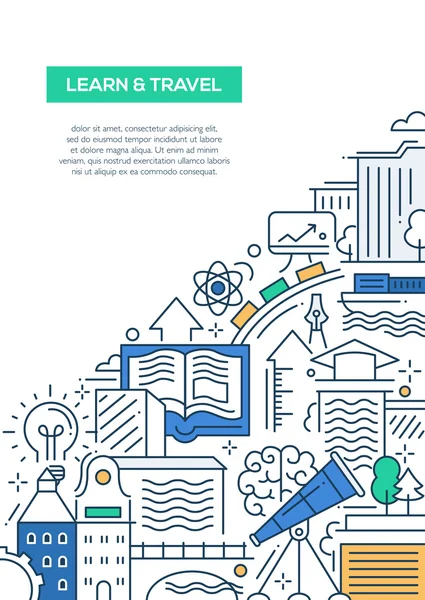 Composition d'apprentissage et de voyage - bannière plate de conception de ligne — Image vectorielle