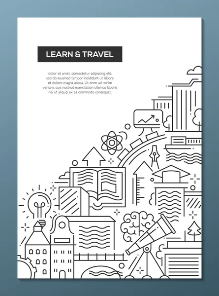 Aprender y composición de viajes - bandera de diseño plano de línea — Vector de stock