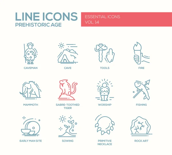 Conjunto de iconos de diseño de línea de edad prehistórica — Vector de stock