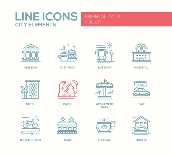 Elementos de la ciudad - conjunto de iconos de diseño de línea — Vector de stock