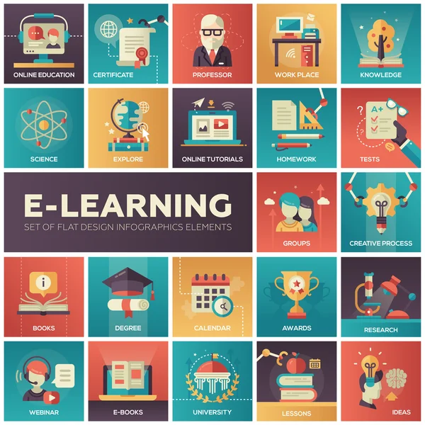 E-learning - iconos isquare de diseño plano moderno — Archivo Imágenes Vectoriales