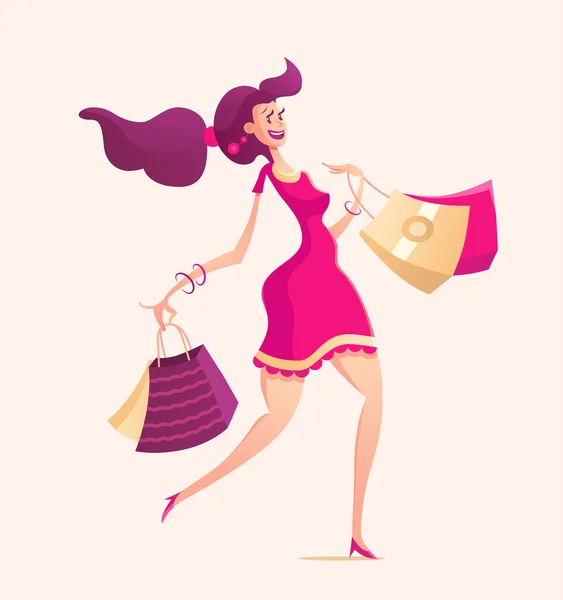 Illustration des glücklichen Weibchens mit Einkaufstaschen — Stockvektor