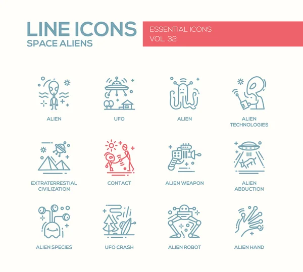 Space Aliens - line design icons set — Stock Vector