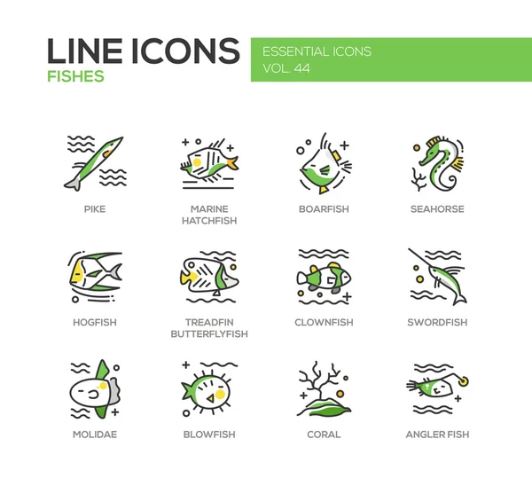 Peces - conjunto de iconos de diseño de línea — Vector de stock