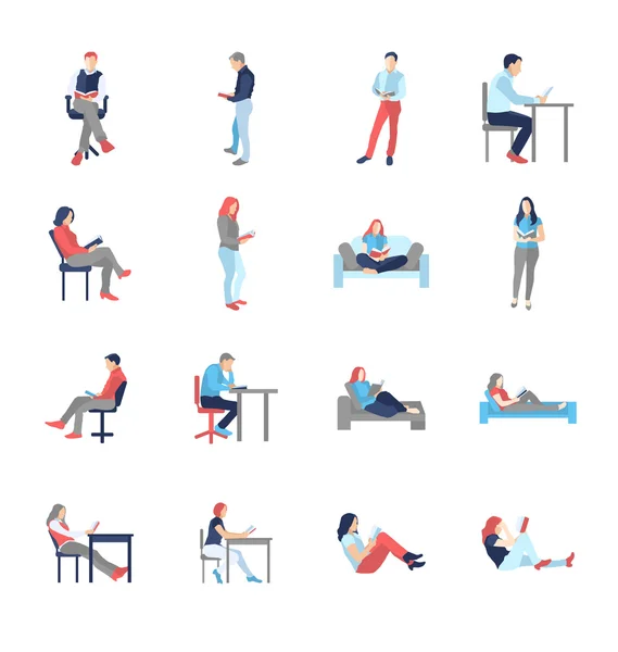 Les gens, hommes, femmes, dans différentes poses occasionnelles de lecture commune — Image vectorielle