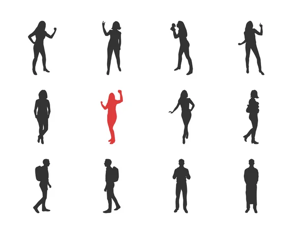 Personas, hombres, siluetas femeninas en diferentes poses casuales — Vector de stock