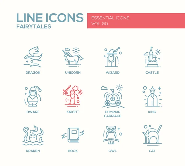 Hadas Tales- conjunto de iconos de línea de diseño plano — Vector de stock