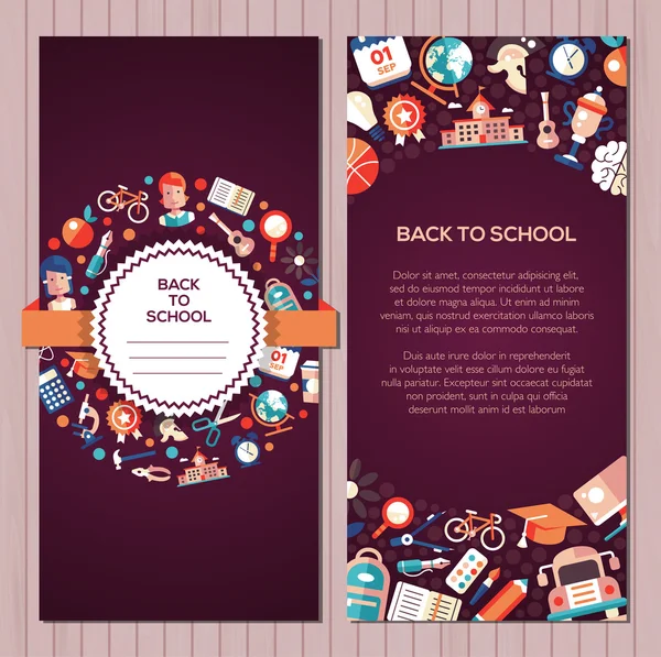 Modèle de carte postale pour les icônes de design plat de retour à l'école — Image vectorielle