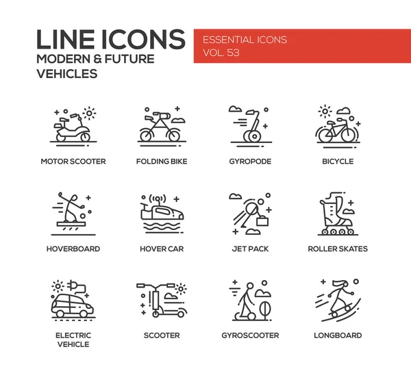 Moderne en toekomst voertuig - lijn ontwerpset pictogrammen — Stockvector