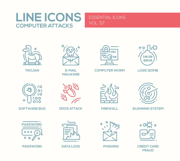 Computeraanvallen - lijn ontwerpset pictogrammen — Stockvector