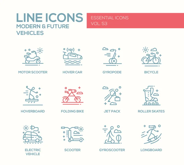 Moderne en toekomst voertuig - lijn ontwerpset pictogrammen — Stockvector