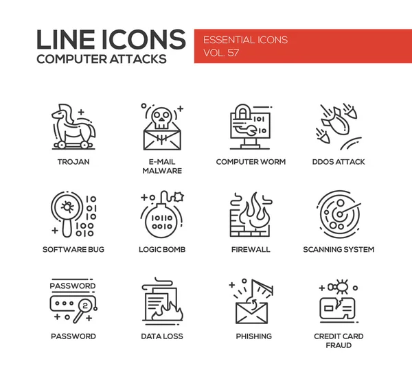 Ataques informáticos - conjunto de iconos de diseño de línea — Vector de stock