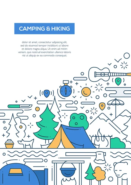 Camping and Hiking - line design brochure poster template A4 — Stock Vector
