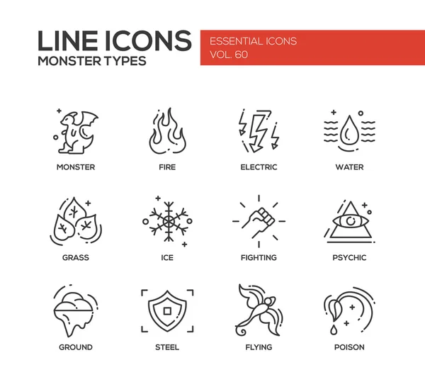 Monsters typen - lijn ontwerpset pictogrammen — Stockvector