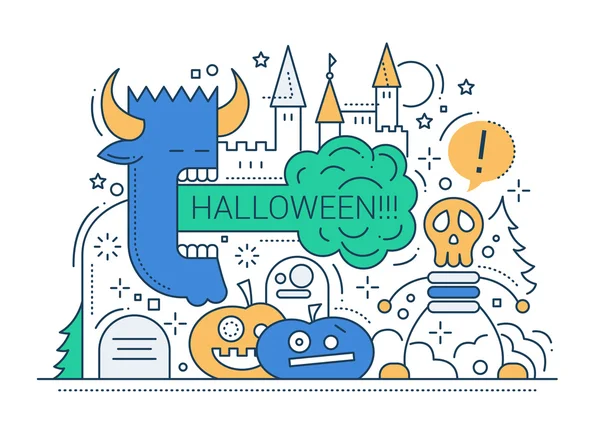 Halloween - cartão de design plano de linha — Vetor de Stock