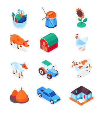 Çiftçilik ve tarım - modern izometrik simgeler belirlendi