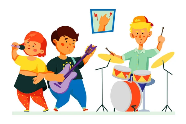 Niños interpretando música - ilustración colorida de estilo de diseño plano — Archivo Imágenes Vectoriales