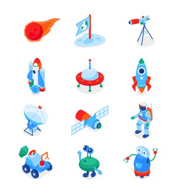 Uzay keşfi - modern renkli izometrik simgeler belirlendi