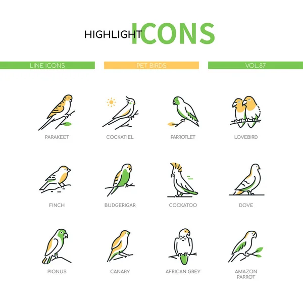 Pájaros de mascotas - conjunto de iconos de diseño de línea moderna — Vector de stock