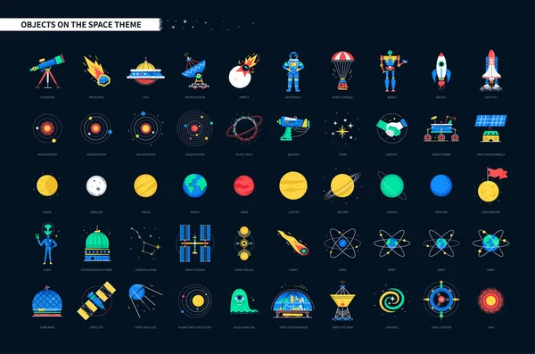 Objetos espaciais ícones de estilo de design plano colorido —  Vetores de Stock