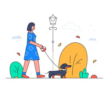 Köpeği gezdiren kız - modern düz tasarım çizimi
