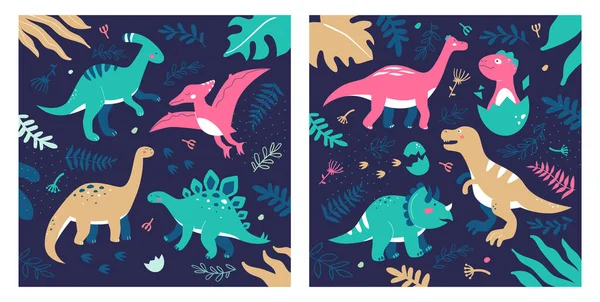 Diferentes dinosaurios - conjunto de ilustraciones de estilo de diseño plano — Archivo Imágenes Vectoriales