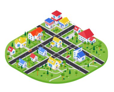 Kasaba mimarisi - modern vektör renkli izometrik illüstrasyon