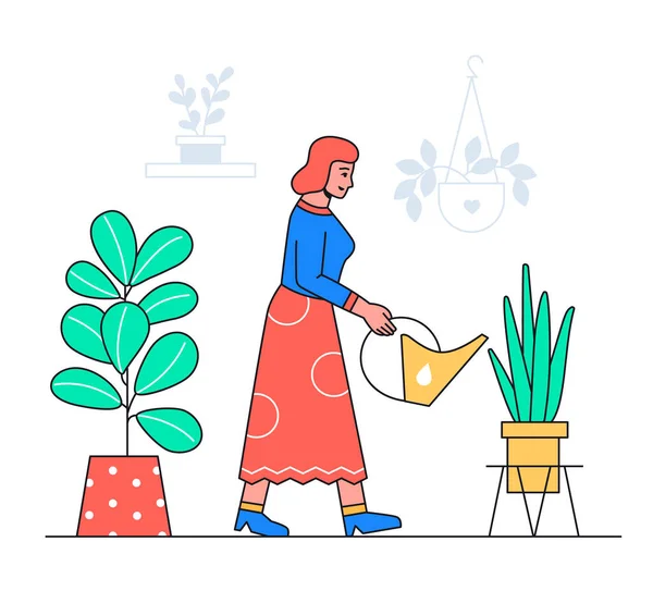 Женщина полива растений - плоский стиль иллюстрации — стоковый вектор